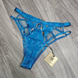 Honey Birdette Mistress T Peacock Blue Faux Leather Ouvert Brief Panty Size L